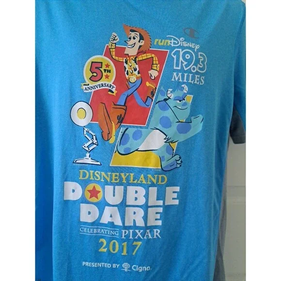 2017 Disneyland Double Dare Pixar RunDisney Marathon Blue Gray Shirt Large Parks - Picture 2 of 6